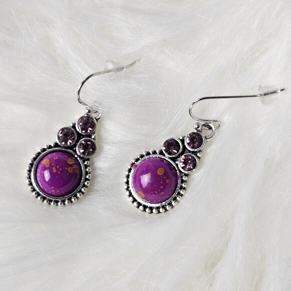 🏆052 Amethyst Earrings With Composite Turquoise Petite Flowers Jewelry - Picture 4 of 5